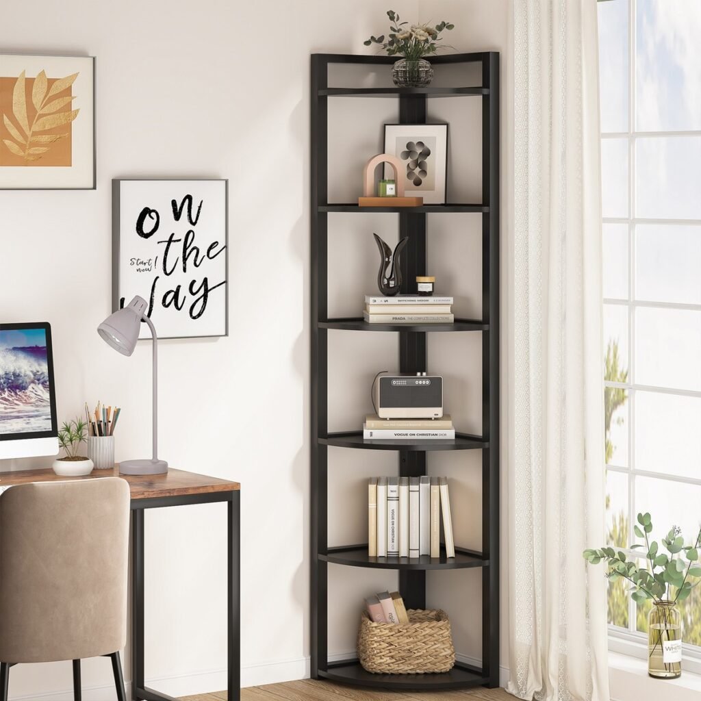 6-Tier Industrial Corner Bookshelf with rustic wood shelves and metal frame, one of the best bookshelf options for maximizing corner storage and home organization