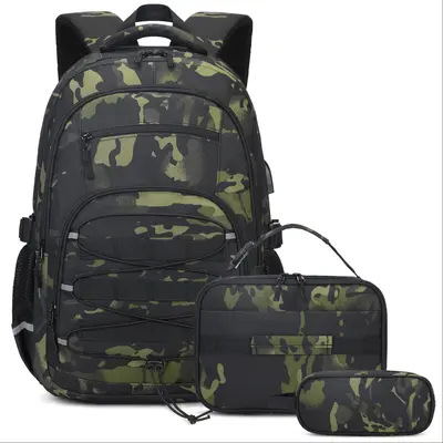 Camo backpack for boys with lunch box and pencil case in black, grey camouflage featuring USB charging port and tactical school bag design.