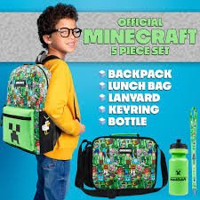 Get Trend Minecraft kids backpack set with insulated lunch bag, water bottle, lanyard, and Creeper design for school.