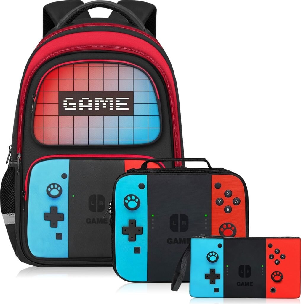 HFHTDC gamer backpack set with large school backpack, matching lunch box, and pencil case featuring a colorful video game design.
