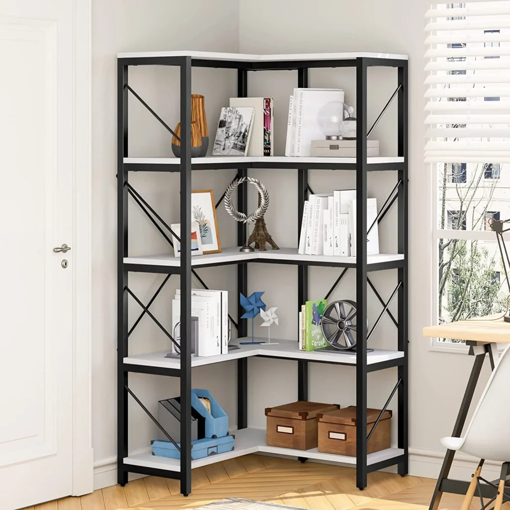 HOOBRO Corner Bookshelf, 5-tier industrial corner shelf with rustic wood shelves and black metal frame for living room, bedroom, home office, and small spaces.
