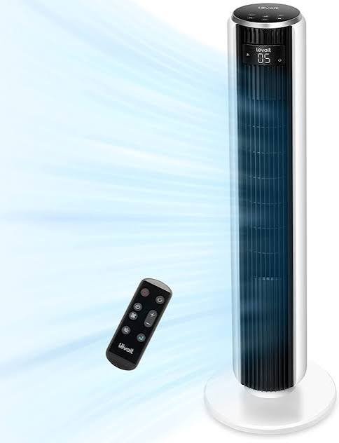 Levoit 36-inch bladeless tower fan for bedroom with 28 ft/s airflow, 90° oscillation, remote control, 5 speeds, 4 modes, and temperature sensor in white