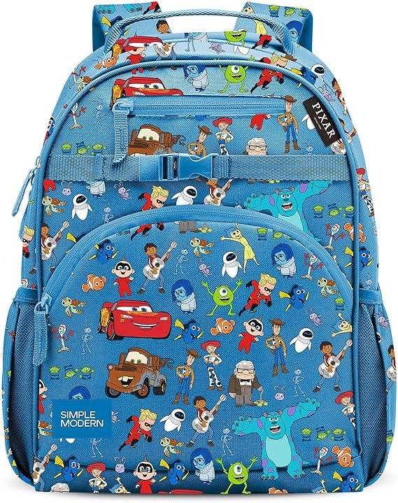 Disney Pixar backpack set for kids featuring colorful character print with matching lunch bag and pencil case, ideal for school, travel, and everyday use