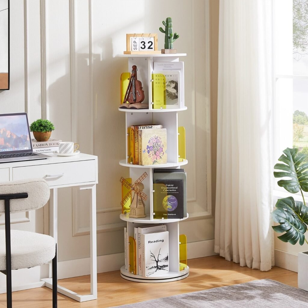 SpaceAid 4-Tier Rotating Bookshelf Tower with 360-degree spinning design, one of the best bookshelf options for organizing books in small spaces