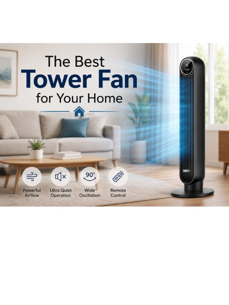 Dreo tower fan in a modern living room with the heading 'The Best Tower Fan for Your Home' showcasing quiet and powerful cooling