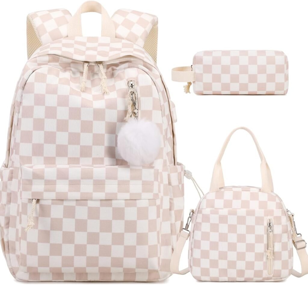 Beige butterfly corduroy girls backpack set with matching lunch box and pencil bag for teen girls, school kids, college students, and travel with laptop compartment.
