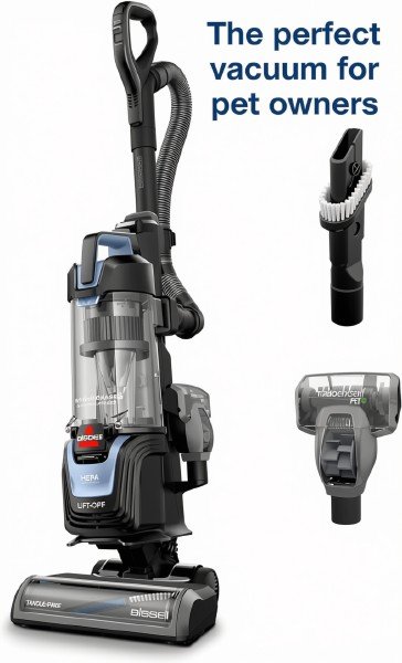 Bissell Pet Hair Eraser Allergen Lift-Off upright vacuum cleaner with HEPA filtration cleaning pet hair from a carpet in a modern living room| Bissell vacuum cleaner | vacuum cleaner for home